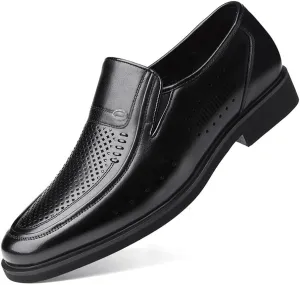 Men's Breathable Slip-On Oxford Dress Shoes - Round Toe, Hollow Leather Design, Comfortable for Business Casual & Formal Wear