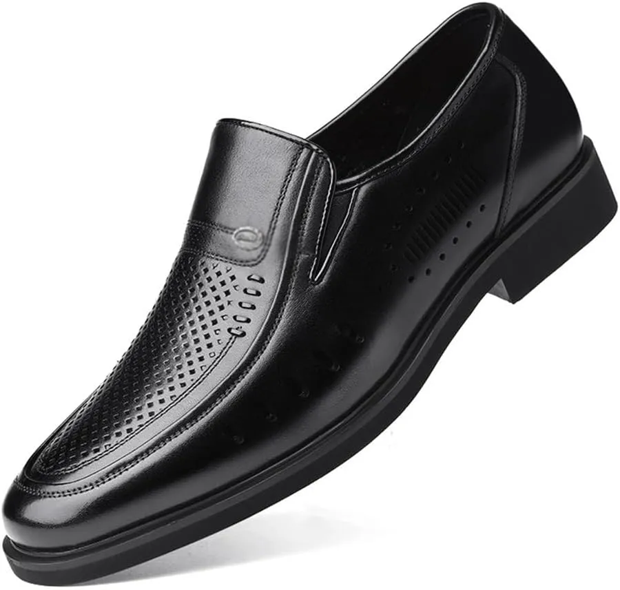 Men's Breathable Slip-On Oxford Dress Shoes - Round Toe, Hollow Leather Design, Comfortable for Business Casual & Formal Wear