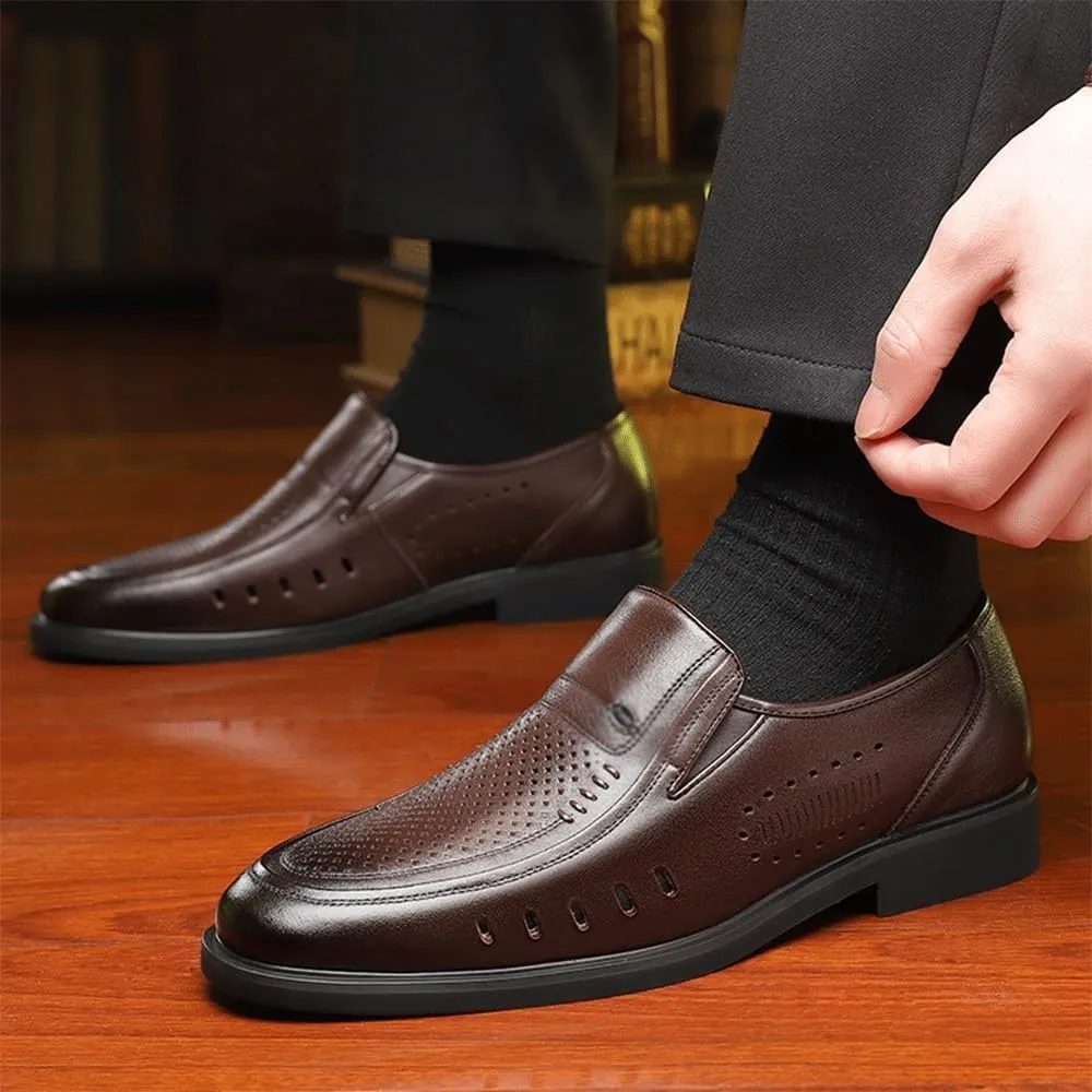 Men's Breathable Slip-On Oxford Dress Shoes - Round Toe, Hollow Leather Design, Comfortable for Business Casual & Formal Wear