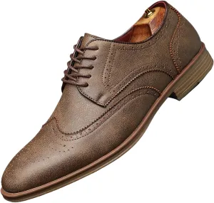 Men's Brogue Wingtip Dress Oxford Shoes Retro Round Head Stitching Two-Color Perforated Lace-Up Chunky Heel Business Formal Shoes Casual Comfortable Work Shoes