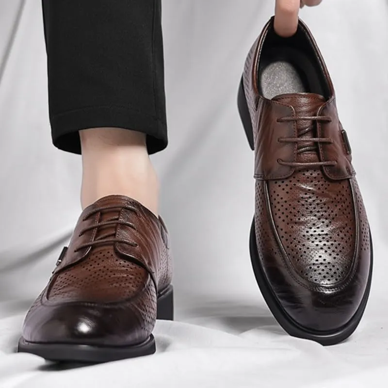 Men's Classic Oxford Shoes - Breathable Slip-On Lace-Up Dress Shoes with Pointed Toe and Chunky Heel for Business and Formal Occasions