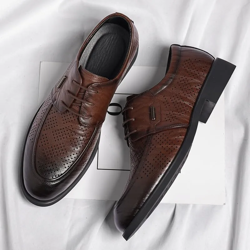 Men's Classic Oxford Shoes - Breathable Slip-On Lace-Up Dress Shoes with Pointed Toe and Chunky Heel for Business and Formal Occasions