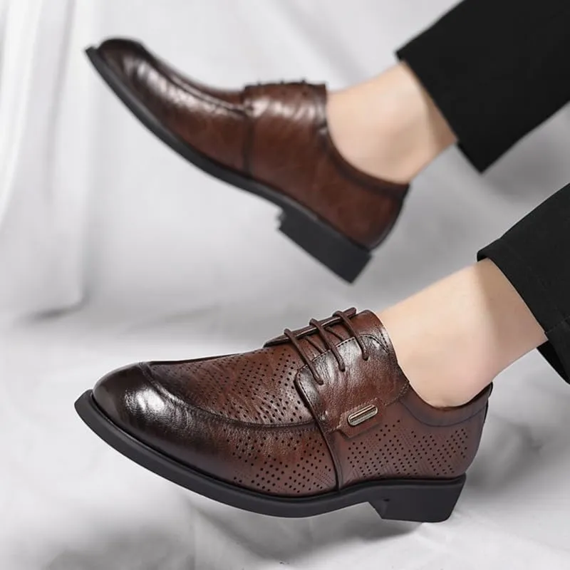 Men's Classic Oxford Shoes - Breathable Slip-On Lace-Up Dress Shoes with Pointed Toe and Chunky Heel for Business and Formal Occasions