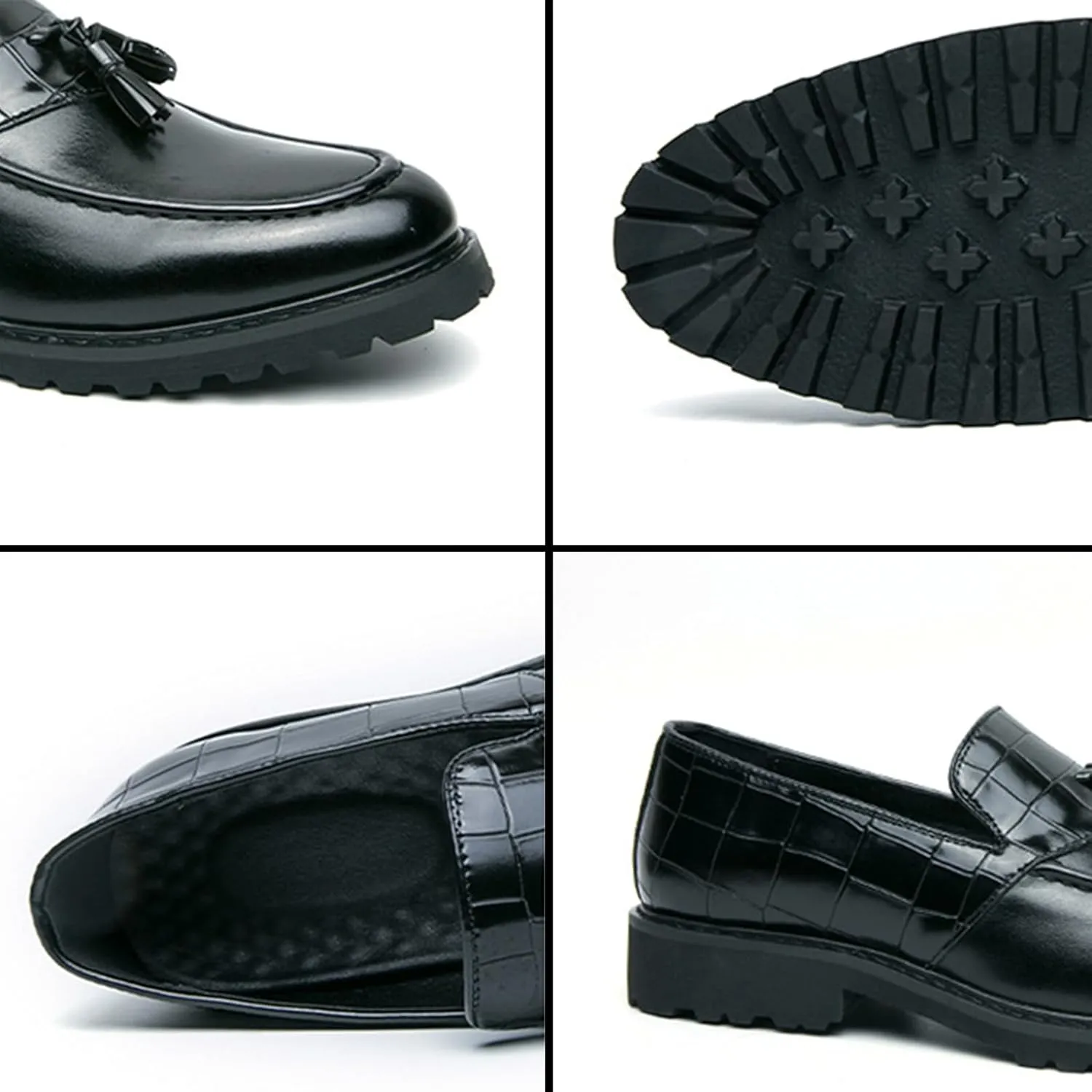 Men's Fashion Tassel Low Heel Leather Loafers Comfort Round Toe Lug Sole Slip-On Casual Shoes Business Office Non-Slip Dress Shoes