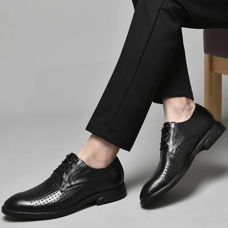 Men's Genuine Leather Oxford Shoes Men Retro Pointed Chunky Heel Non-Slip Business Dress Shoes Classic Breathable Derby Shoe for Men