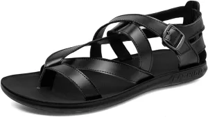 Men's Genuine Leather Thong Roman Sandals Round Open Toe Strappy Non Slip Flat Gladiator Sandals Casual Summer Outdoor Beach Fishermans