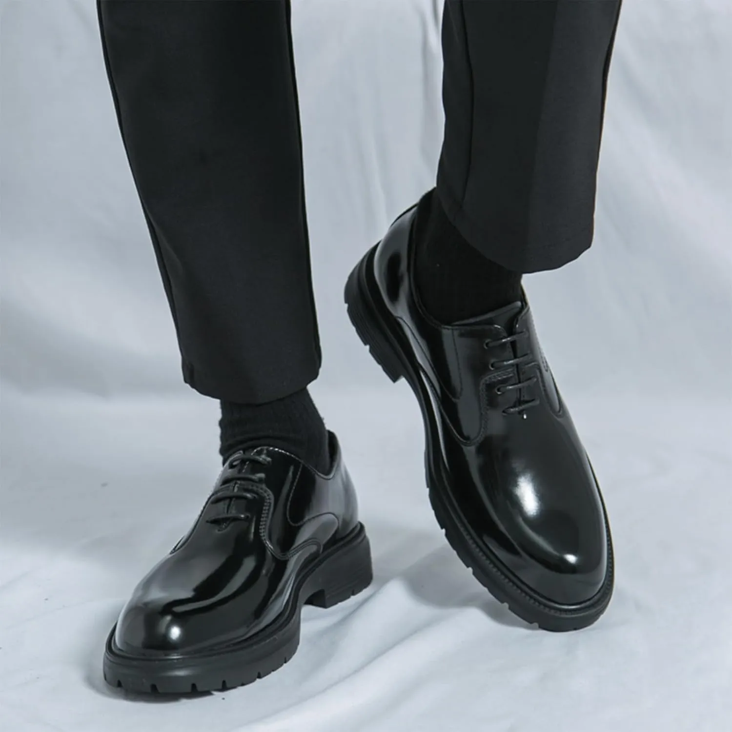 Men's Leather Dress Platform Oxford Shoes Classic Round Toe Lace Up Comfort Non Slip Casual Derby Shoes for Business Office Wedding