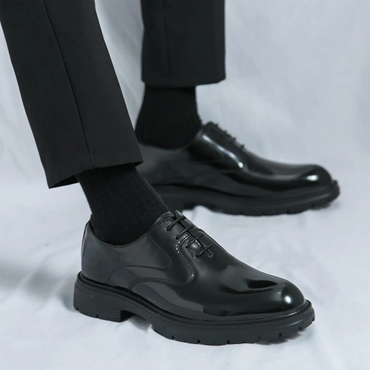 Men's Leather Dress Platform Oxford Shoes Classic Round Toe Lace Up Comfort Non Slip Casual Derby Shoes for Business Office Wedding