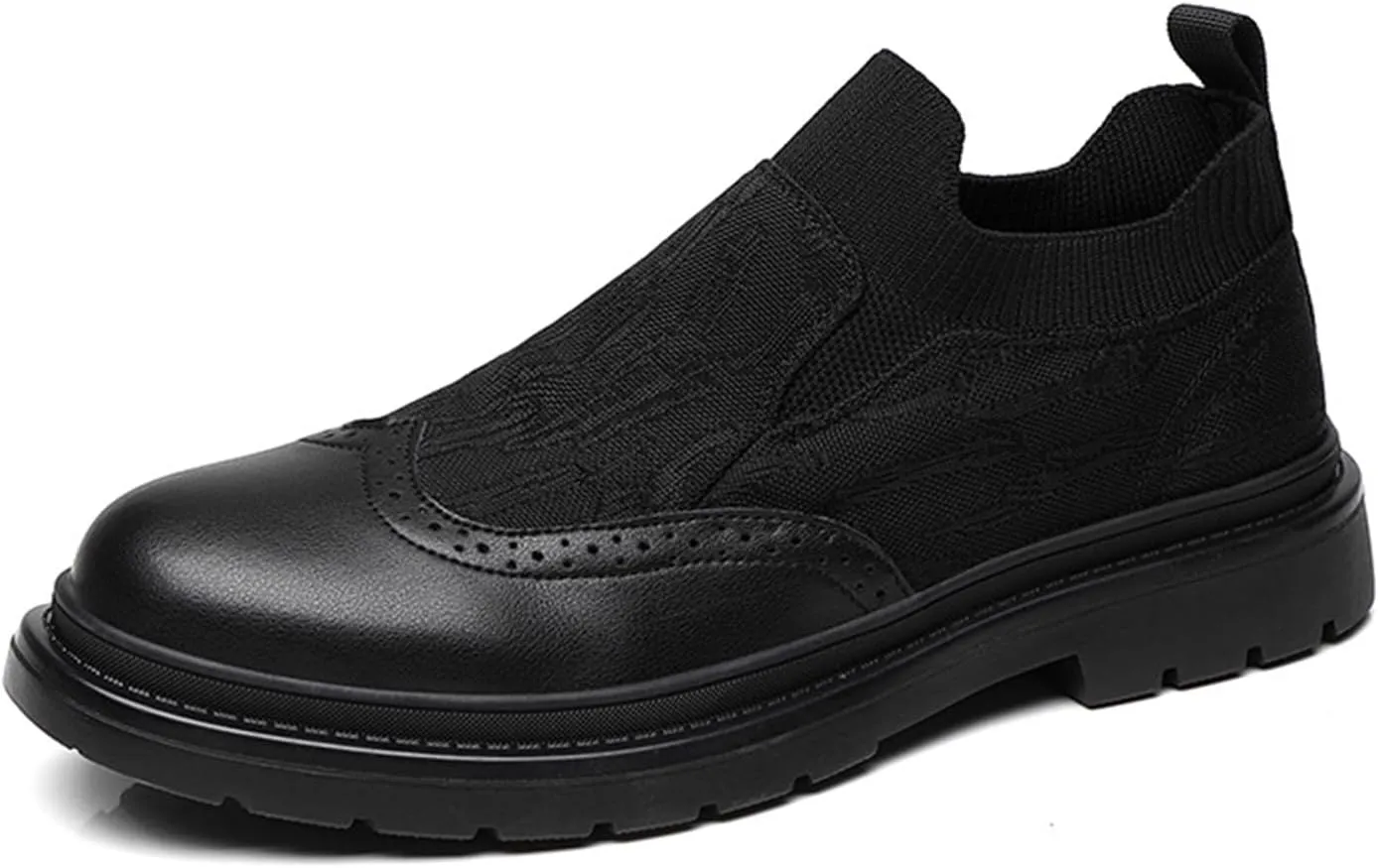 Men's Leather Splicing Platform Wingtip Loafers Luxury Round Toe Breathable Lug Sole Slip On Brogue Dress Shoes for Business Office Casual