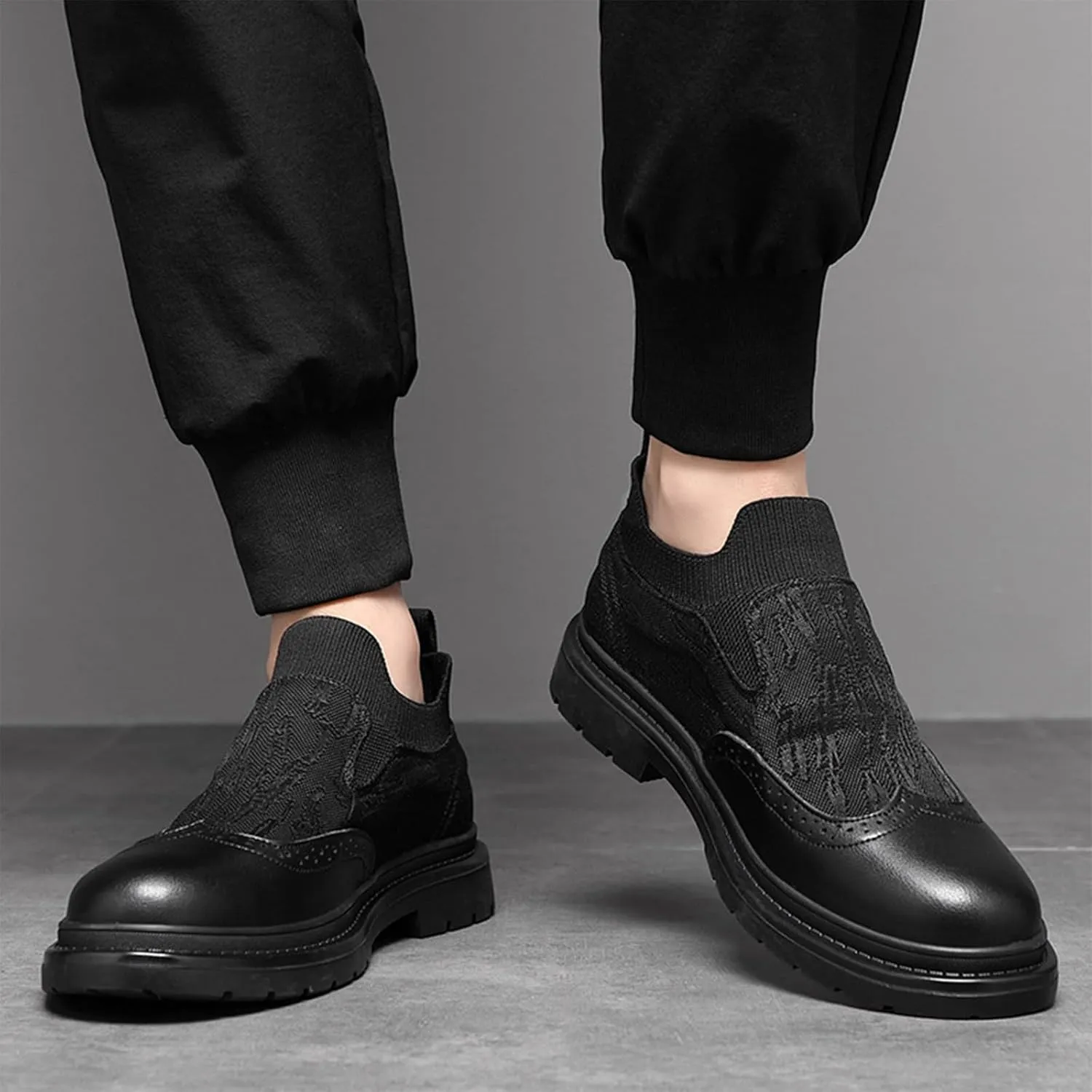Men's Leather Splicing Platform Wingtip Loafers Luxury Round Toe Breathable Lug Sole Slip On Brogue Dress Shoes for Business Office Casual