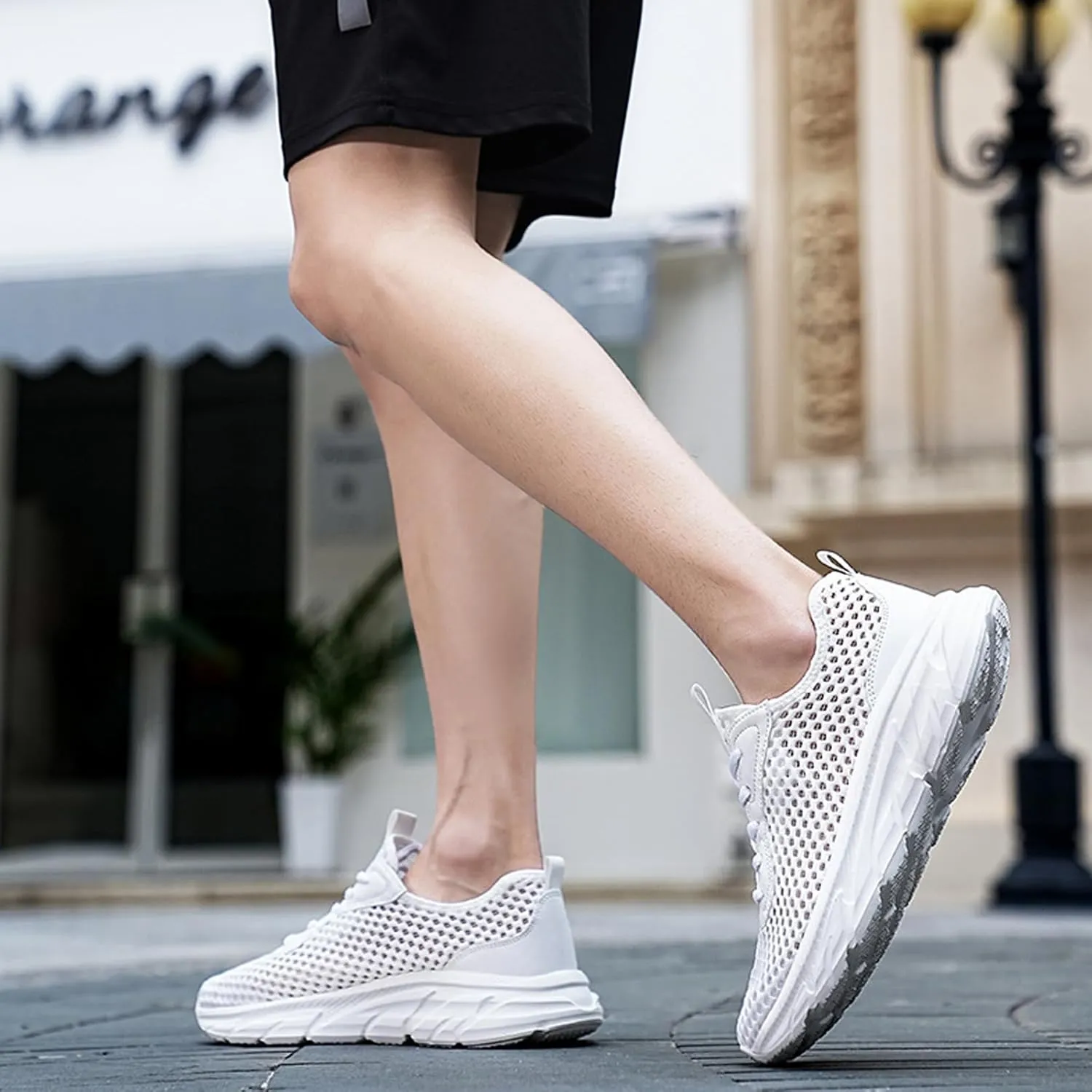 Men's Mesh Hollowed Breathable Sneakers,Fashion Elastic Lace Up Lightweight Soft Sole Comfortable Slip-on Tennis Shoes Casual Walking Running Work Gym Trainers Sneakers