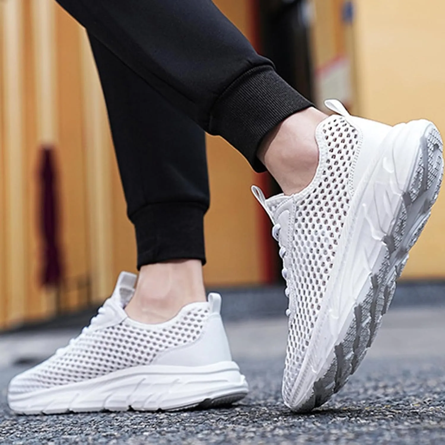 Men's Mesh Hollowed Breathable Sneakers,Fashion Elastic Lace Up Lightweight Soft Sole Comfortable Slip-on Tennis Shoes Casual Walking Running Work Gym Trainers Sneakers