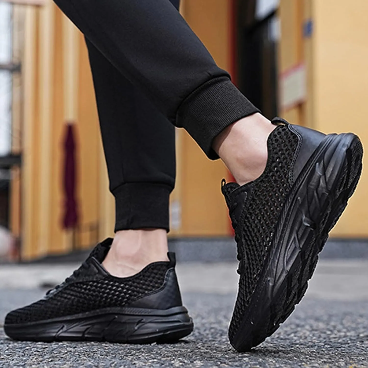 Men's Mesh Hollowed Breathable Sneakers,Fashion Elastic Lace Up Lightweight Soft Sole Comfortable Slip-on Tennis Shoes Casual Walking Running Work Gym Trainers Sneakers