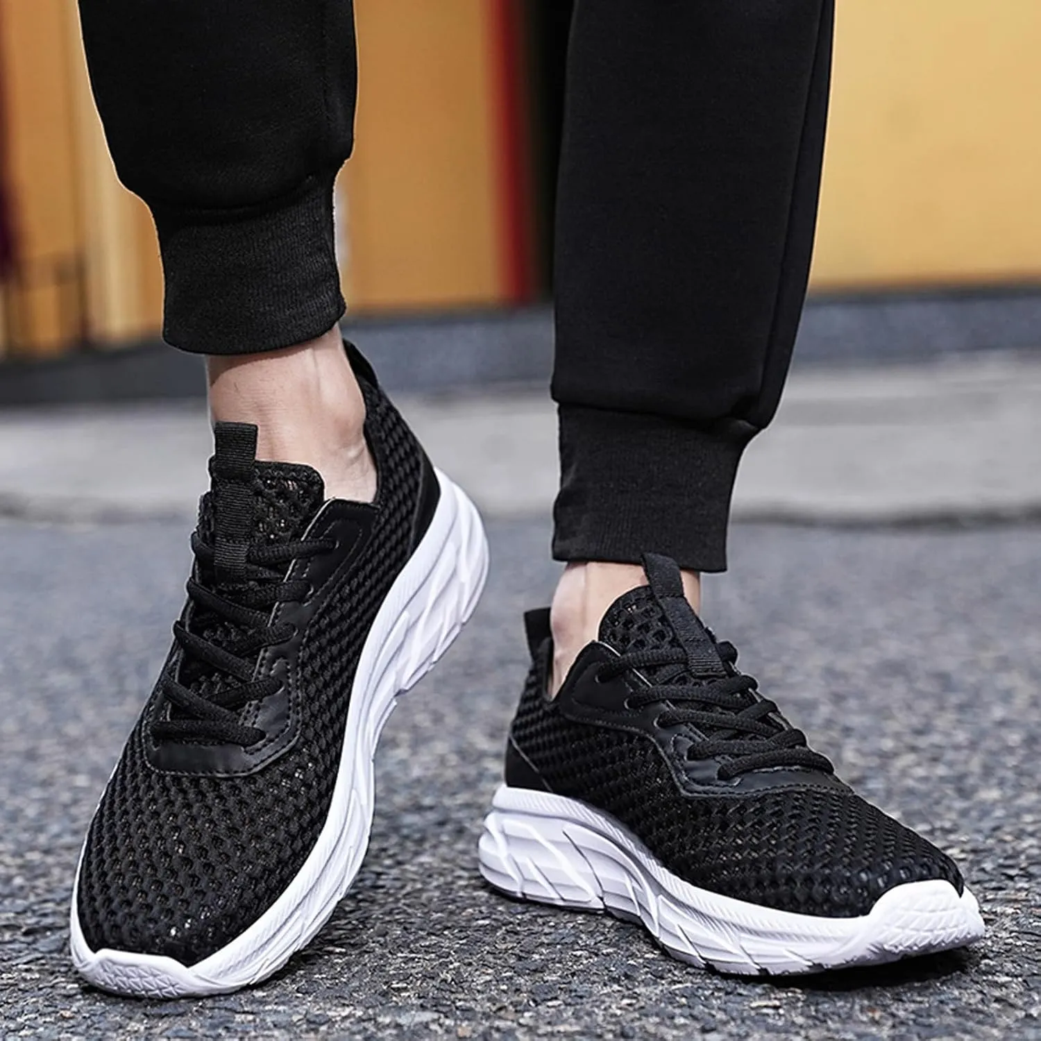 Men's Mesh Hollowed Breathable Sneakers,Fashion Elastic Lace Up Lightweight Soft Sole Comfortable Slip-on Tennis Shoes Casual Walking Running Work Gym Trainers Sneakers