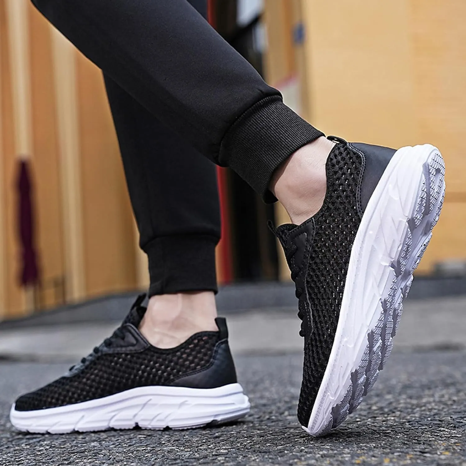 Men's Mesh Hollowed Breathable Sneakers,Fashion Elastic Lace Up Lightweight Soft Sole Comfortable Slip-on Tennis Shoes Casual Walking Running Work Gym Trainers Sneakers