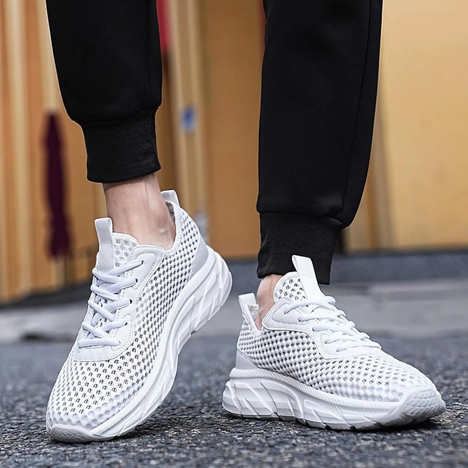 Men's Mesh Hollowed Breathable Sneakers,Fashion Elastic Lace Up Lightweight Soft Sole Comfortable Slip-on Tennis Shoes Casual Walking Running Work Gym Trainers Sneakers