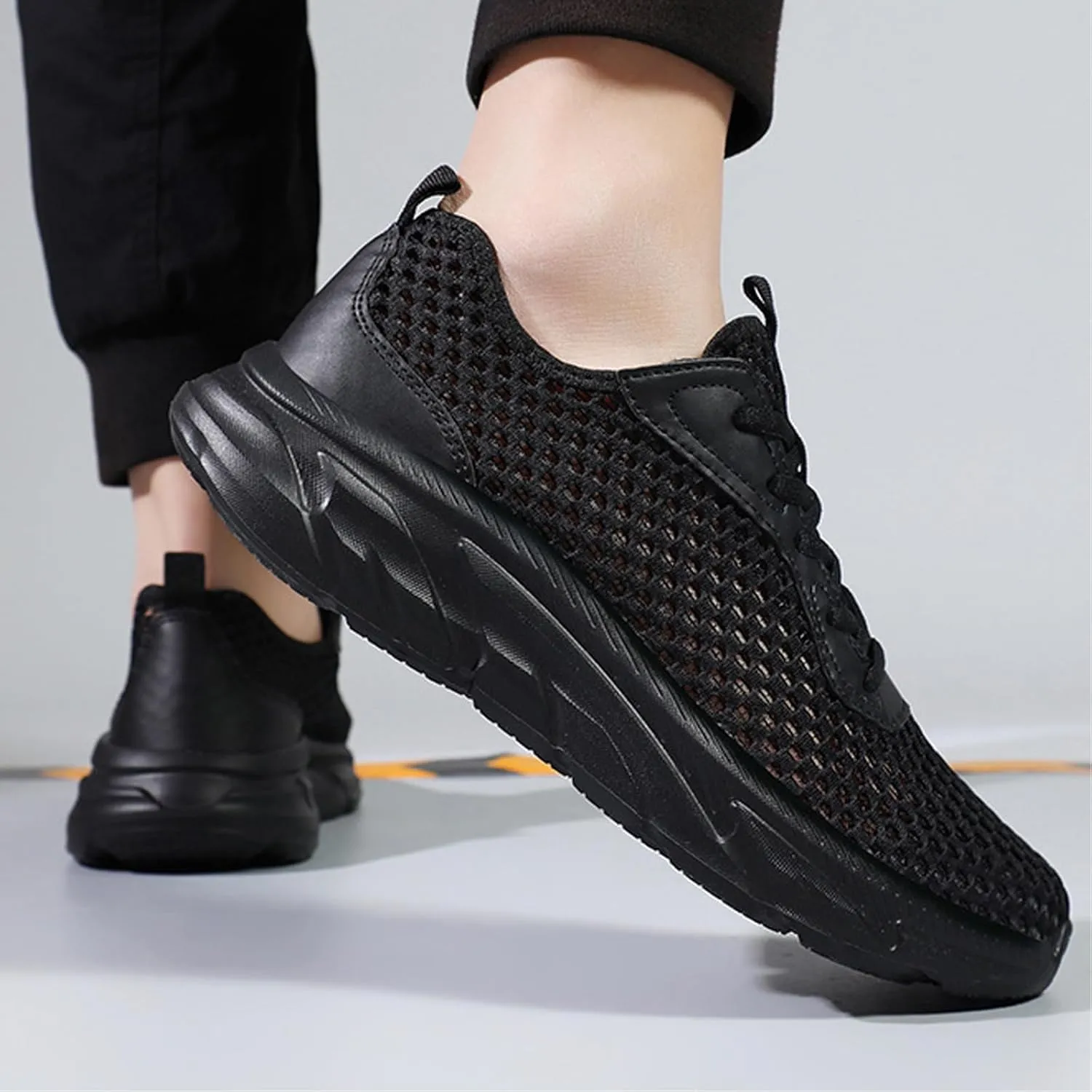 Men's Mesh Hollowed Breathable Sneakers,Fashion Elastic Lace Up Lightweight Soft Sole Comfortable Slip-on Tennis Shoes Casual Walking Running Work Gym Trainers Sneakers