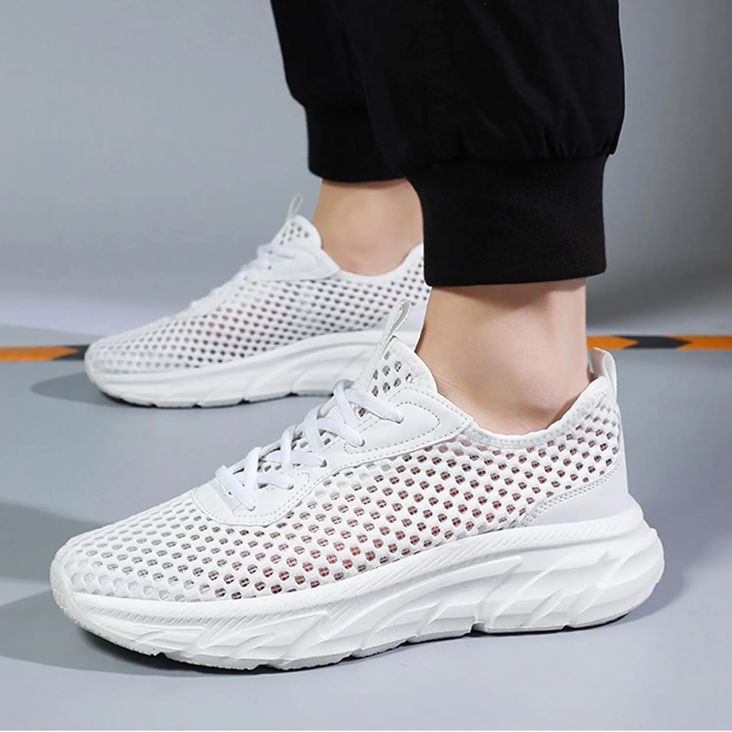 Men's Mesh Hollowed Breathable Sneakers,Fashion Elastic Lace Up Lightweight Soft Sole Comfortable Slip-on Tennis Shoes Casual Walking Running Work Gym Trainers Sneakers