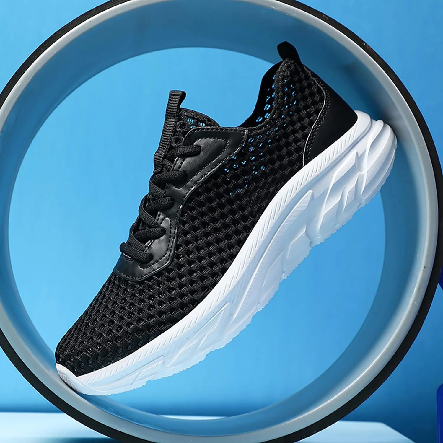 Men's Mesh Hollowed Breathable Sneakers,Fashion Elastic Lace Up Lightweight Soft Sole Comfortable Slip-on Tennis Shoes Casual Walking Running Work Gym Trainers Sneakers