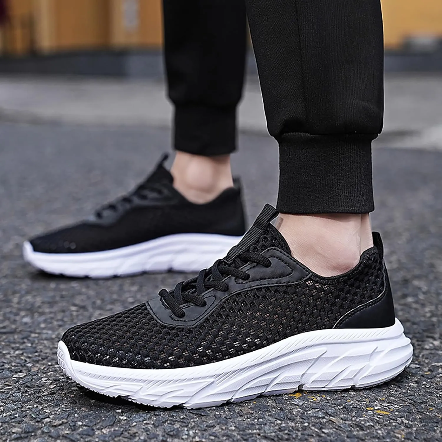 Men's Mesh Hollowed Breathable Sneakers,Fashion Elastic Lace Up Lightweight Soft Sole Comfortable Slip-on Tennis Shoes Casual Walking Running Work Gym Trainers Sneakers