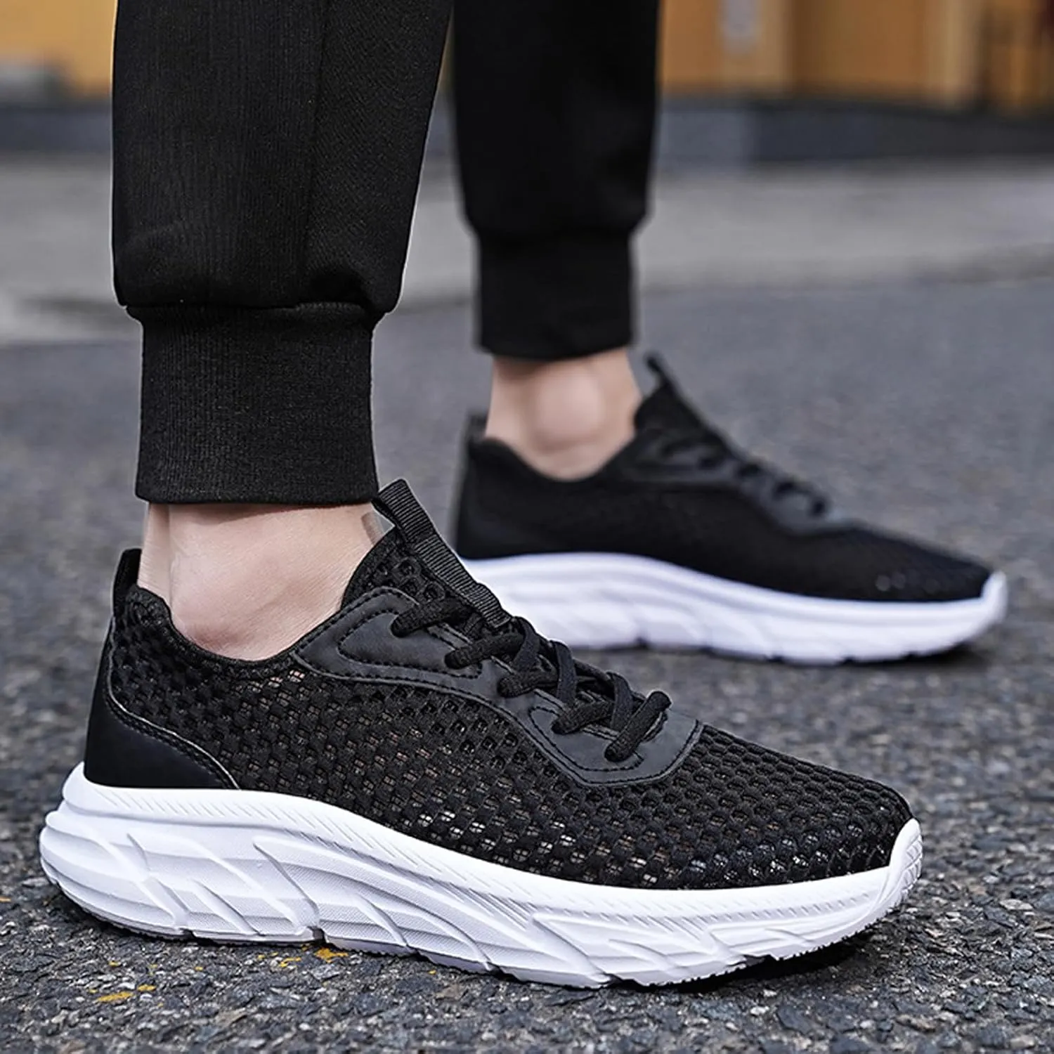 Men's Mesh Hollowed Breathable Sneakers,Fashion Elastic Lace Up Lightweight Soft Sole Comfortable Slip-on Tennis Shoes Casual Walking Running Work Gym Trainers Sneakers