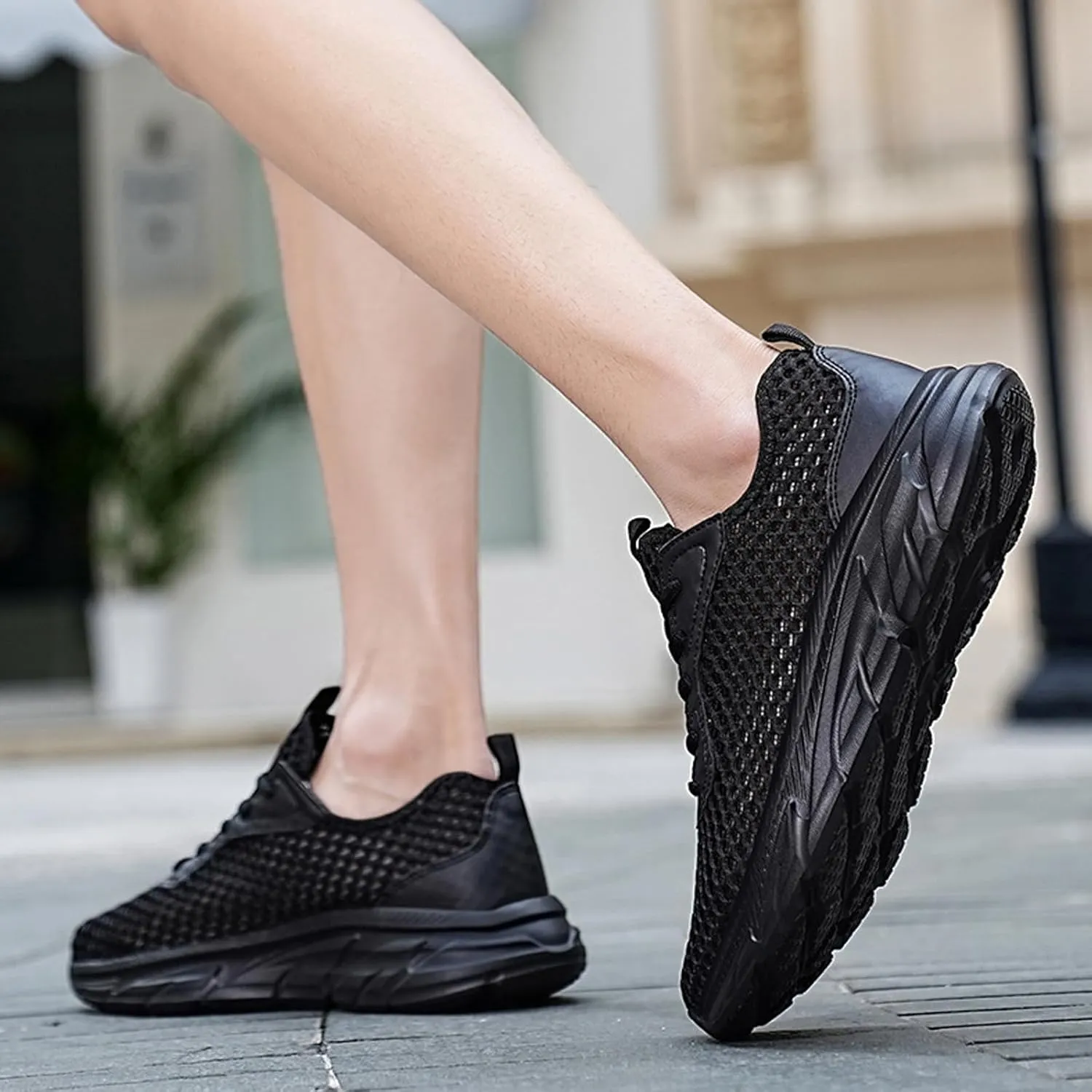 Men's Mesh Hollowed Breathable Sneakers,Fashion Elastic Lace Up Lightweight Soft Sole Comfortable Slip-on Tennis Shoes Casual Walking Running Work Gym Trainers Sneakers