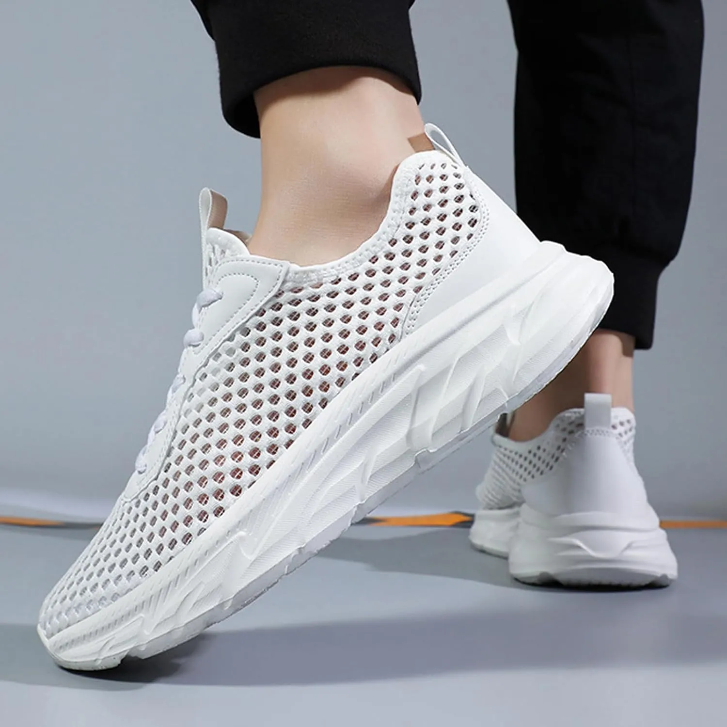 Men's Mesh Hollowed Breathable Sneakers,Fashion Elastic Lace Up Lightweight Soft Sole Comfortable Slip-on Tennis Shoes Casual Walking Running Work Gym Trainers Sneakers