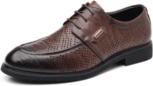 Men's Oxford Shoes Classic Breathable Slip On Lace-up Dress Shoes Pointed Chunky Heel Non-Slip Business Derby Shoes for Men(Brown,7.5)