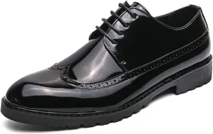 Men's Patent Leather Wingtip Low Heel Formal Oxfords Fashion Pointed Toe Slip On Platform Lug Sole Non-Slip Lace-Up Comfortable Business Dress Brogue Derby Shoes for Paty Wedding