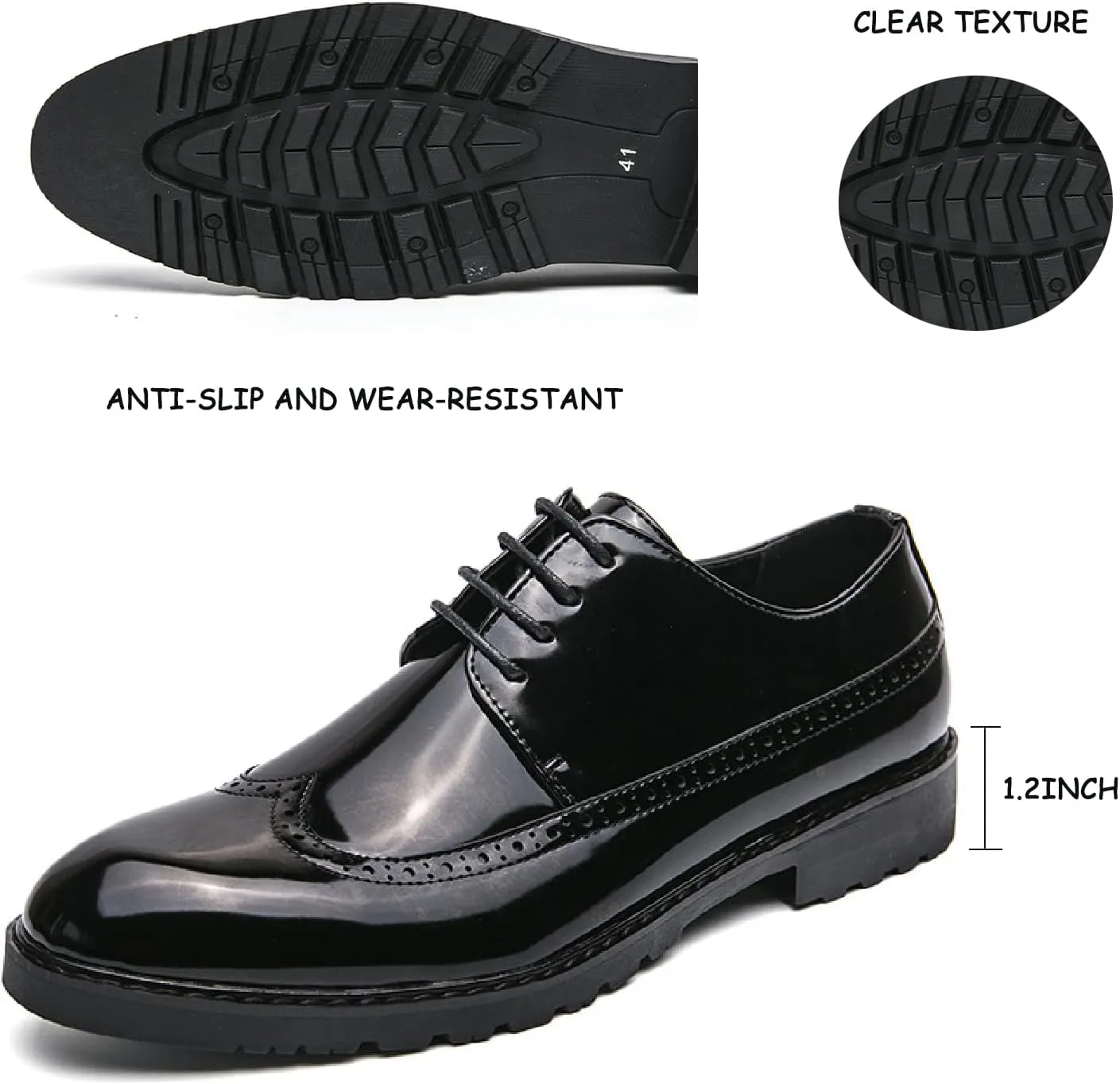 Men's Patent Leather Wingtip Low Heel Formal Oxfords Fashion Pointed Toe Slip On Platform Lug Sole Non-Slip Lace-Up Comfortable Business Dress Brogue Derby Shoes for Paty Wedding