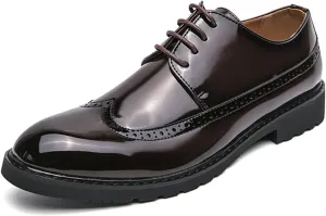 Men's Patent Leather Wingtip Low Heel Formal Oxfords Fashion Pointed Toe Slip On Platform Lug Sole Non-Slip Lace-Up Comfortable Business Dress Brogue Derby Shoes for Paty Wedding
