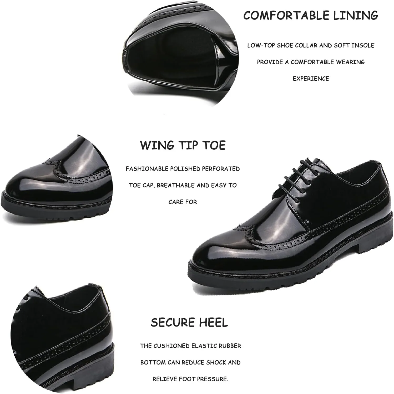 Men's Patent Leather Wingtip Low Heel Formal Oxfords Fashion Pointed Toe Slip On Platform Lug Sole Non-Slip Lace-Up Comfortable Business Dress Brogue Derby Shoes for Paty Wedding