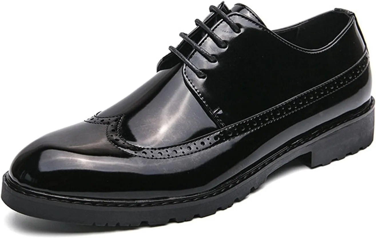 Men's Patent Leather Wingtip Low Heel Formal Oxfords Fashion Pointed Toe Slip On Platform Lug Sole Non-Slip Lace-Up Comfortable Business Dress Brogue Derby Shoes for Paty Wedding