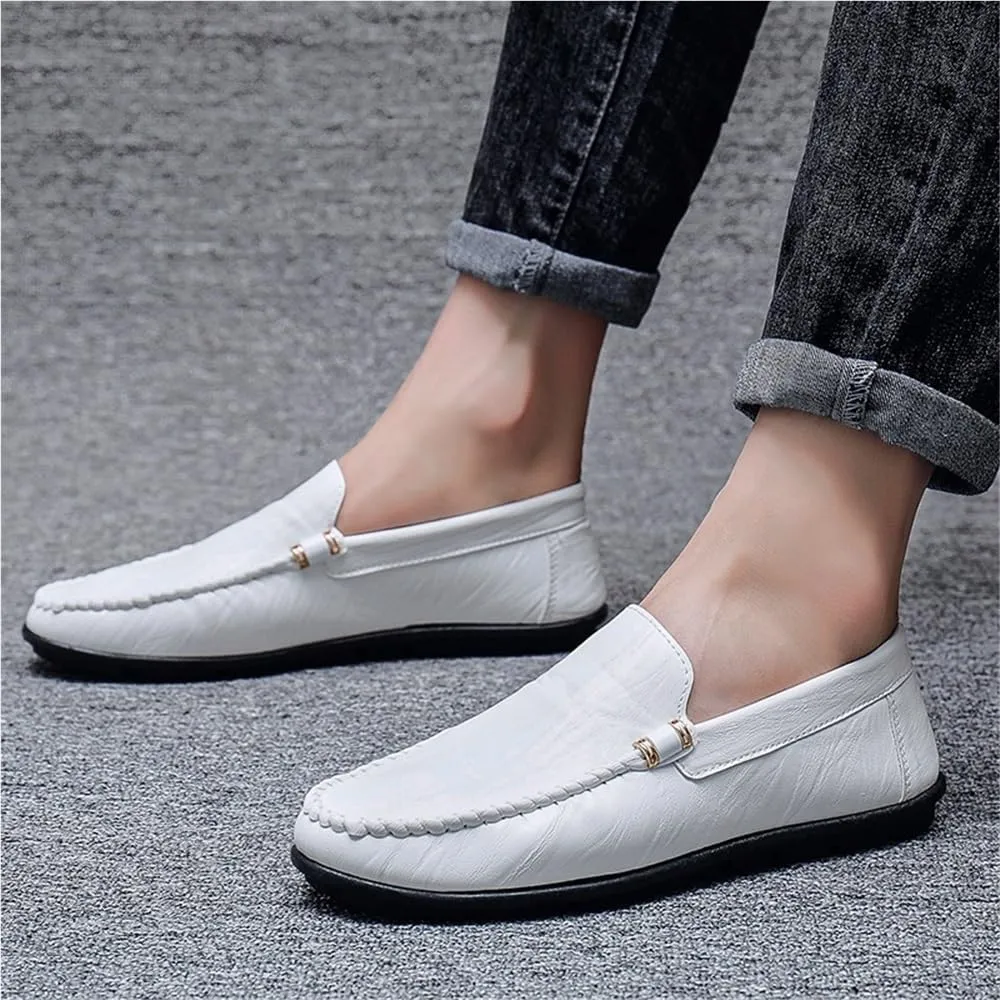 Mens PU Leather Loafer Shoes Flat Heel Slip Resistant Wedding Fashion Slip-on Solid Color Stitching Details Comfortable