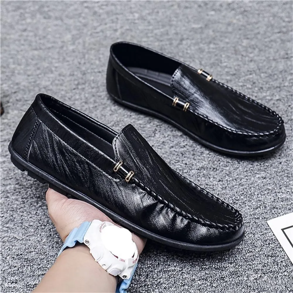 Mens PU Leather Loafer Shoes Flat Heel Slip Resistant Wedding Fashion Slip-on Solid Color Stitching Details Comfortable