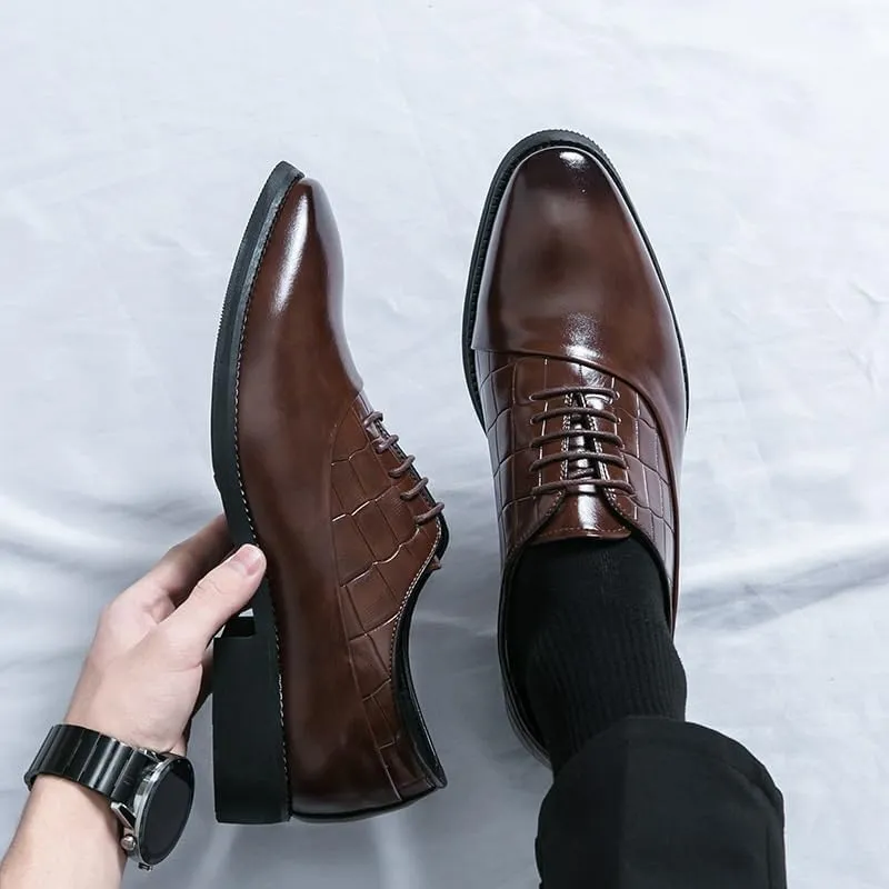Men's Retro Leather Oxford Shoes - Pointed Toe Chunky Heel, Non-Slip Waterproof Business Dress Shoes