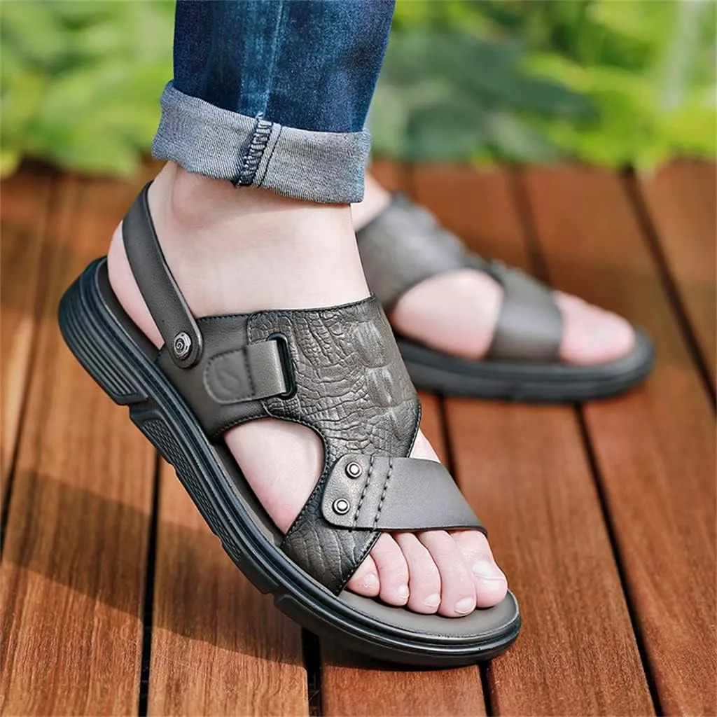Men's Sandals Slippers Cowhide Genuine Leather Beach Shoes Men's Trend Casual Non-Slip Two Uses Sandals(41)