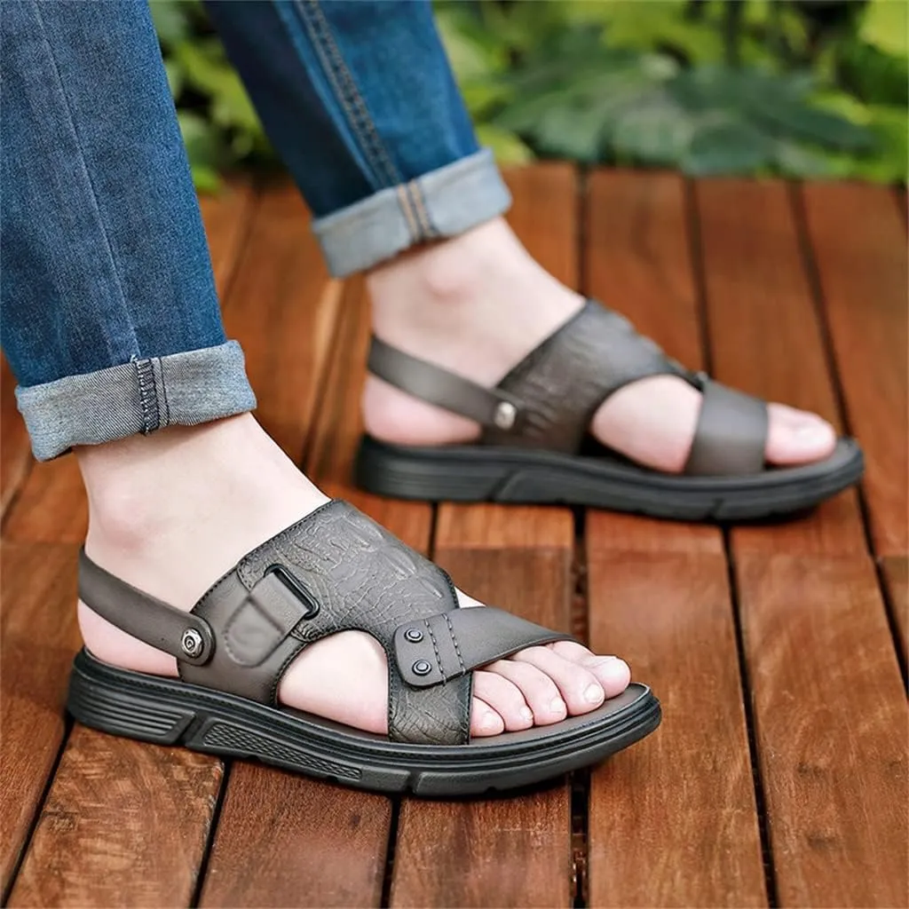 Men's Sandals Slippers Cowhide Genuine Leather Beach Shoes Men's Trend Casual Non-Slip Two Uses Sandals(41)