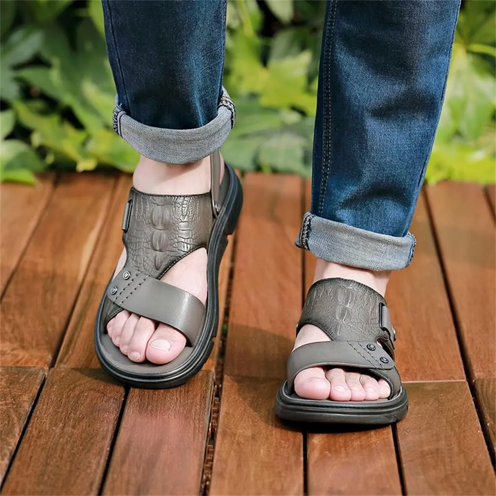Men's Sandals Slippers Cowhide Genuine Leather Beach Shoes Men's Trend Casual Non-Slip Two Uses Sandals(41)