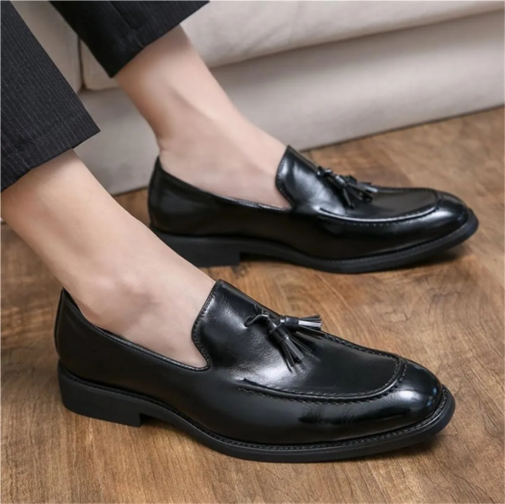Mens Tassel Loafers Slip On Leather Burnished Comfortable Lightweight Anti Slip Walking Shoes for Outdoor Casual Dress