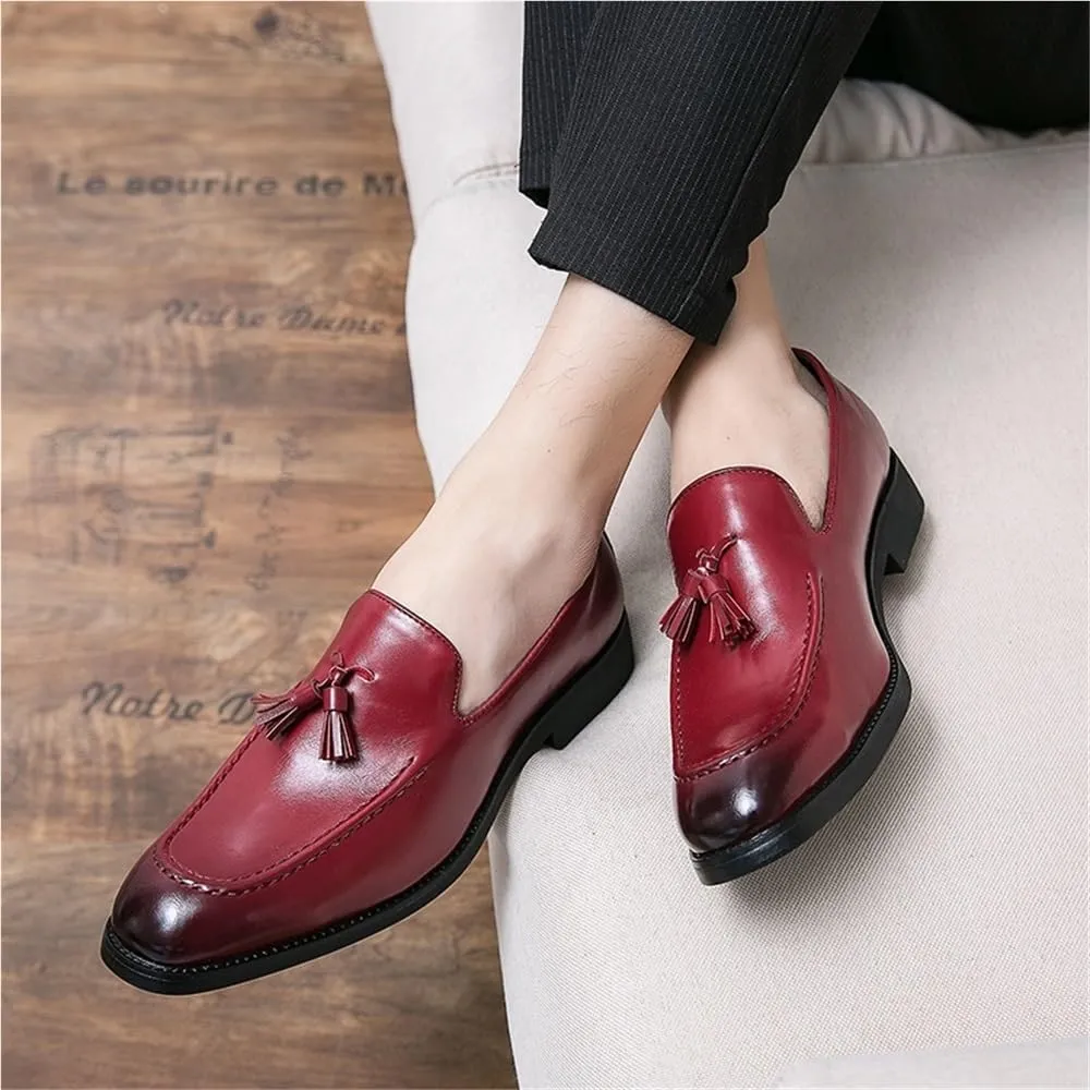 Mens Tassel Loafers Slip On Leather Burnished Comfortable Lightweight Anti Slip Walking Shoes for Outdoor Casual Dress