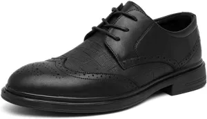 Men's Vintage Genuine Leather Oxford Shoes - Lace Up Pointed Toe Dress Shoes with Block Heel for Business & Formal Wear
