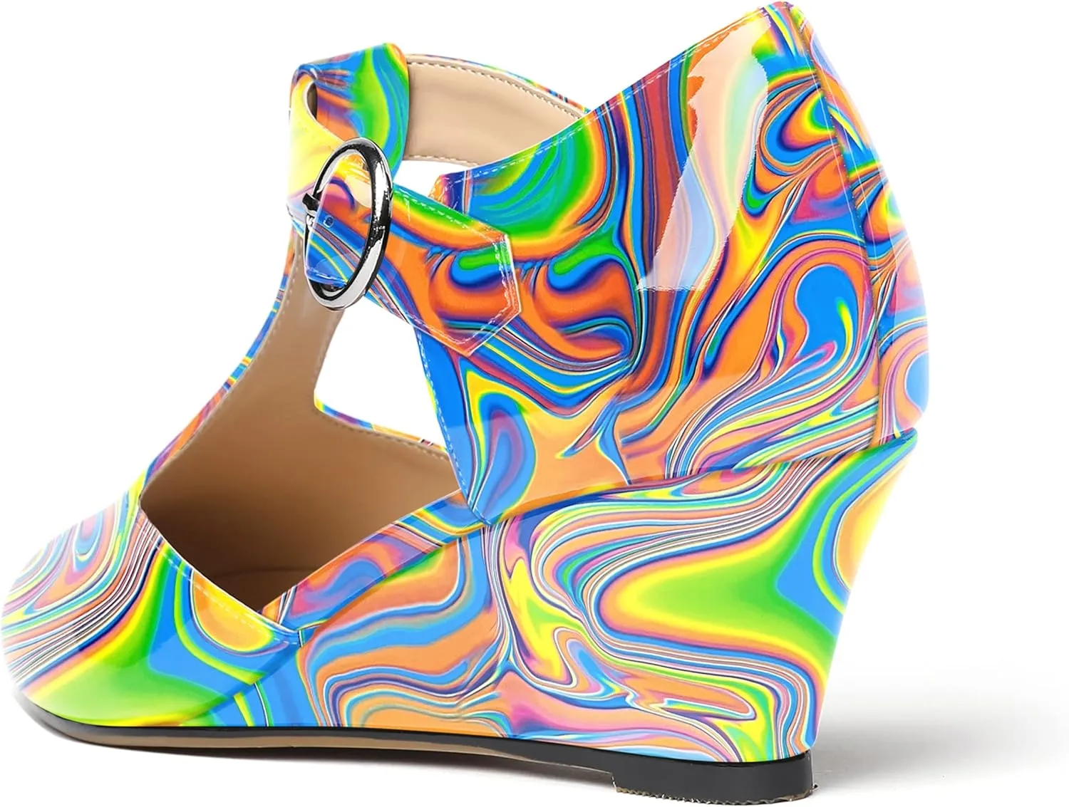 MODENCOCO Women's T Strap Patent Buckle Party Round Toe Fashion Wedge Low Heel Pumps Dress Shoes 2 Inch
