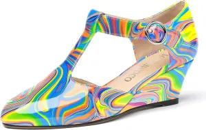 MODENCOCO Women's T Strap Patent Buckle Party Round Toe Fashion Wedge Low Heel Pumps Dress Shoes 2 Inch