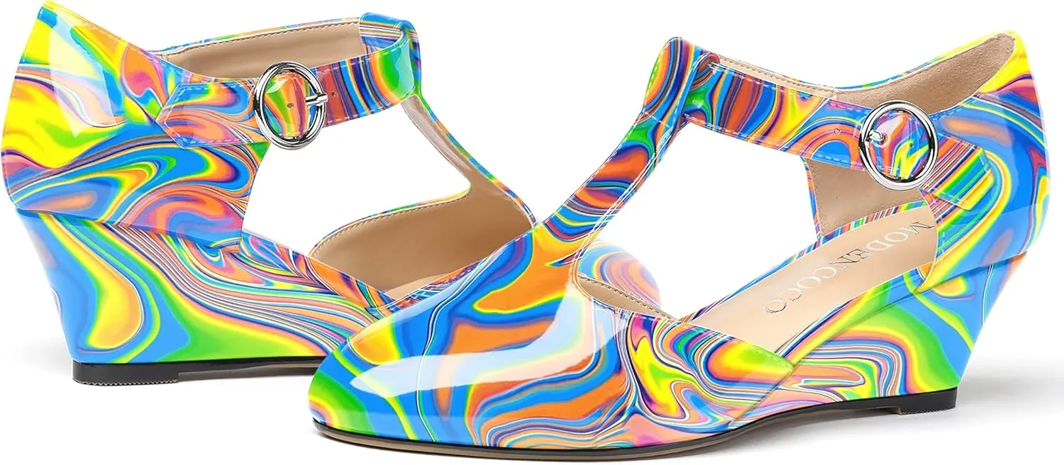 MODENCOCO Women's T Strap Patent Buckle Party Round Toe Fashion Wedge Low Heel Pumps Dress Shoes 2 Inch