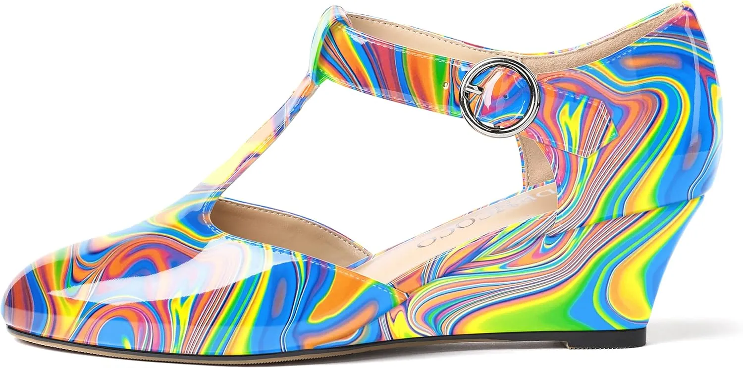MODENCOCO Women's T Strap Patent Buckle Party Round Toe Fashion Wedge Low Heel Pumps Dress Shoes 2 Inch