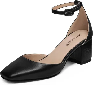 MUCCCUTE Heels for Women Closed Toe Pumps - Chunky Low Heel Block Square Toe Ankle Strap Heels Ladies Business Office Dressy Dress Pumps