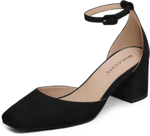 MUCCCUTE Heels for Women Closed Toe Pumps - Chunky Low Heel Block Square Toe Ankle Strap Heels Ladies Business Office Dressy Dress Pumps