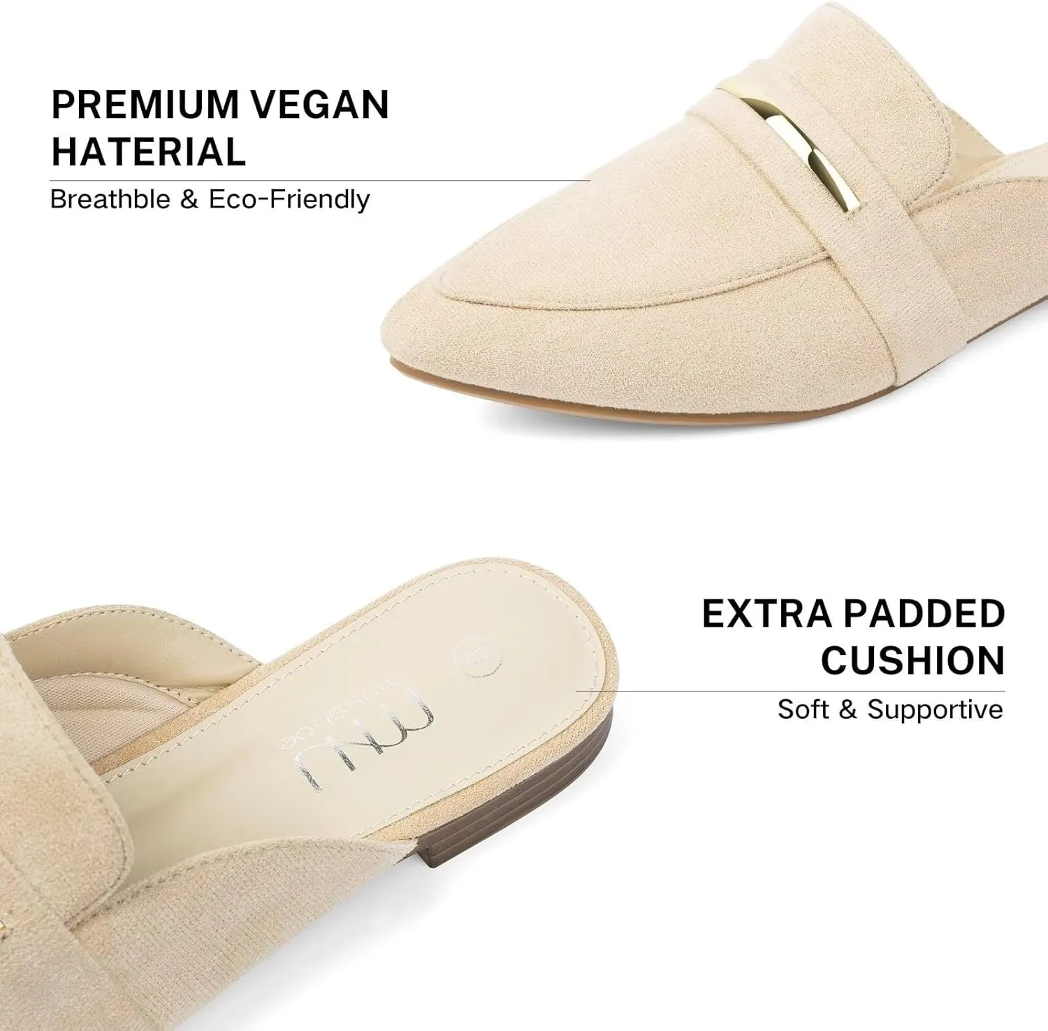 MUSSHOE Mules for Woman Pointed Toe Women's Bukle Mule Flat Slip-on Womens Mules Shoes Casual Fashion Party Work
