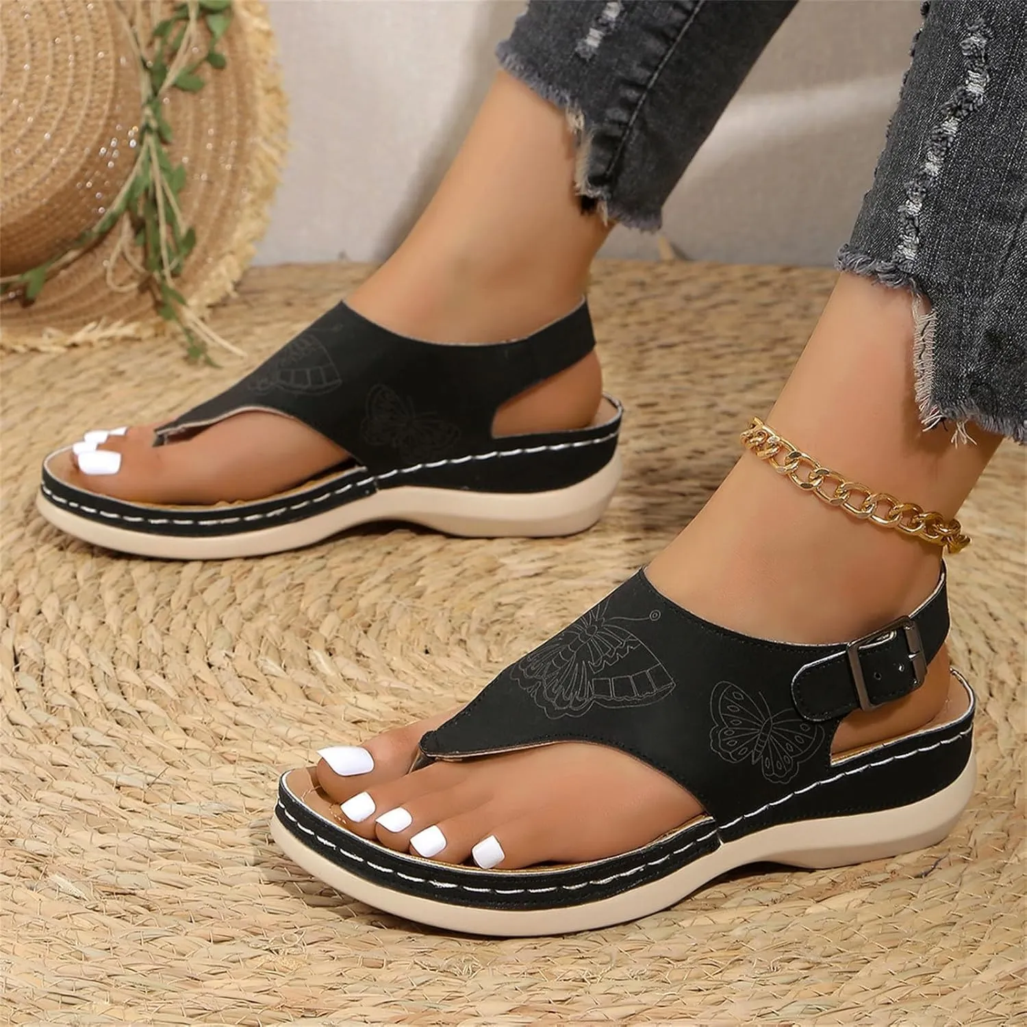 Orthopedic Sandals for Women Arch Support Flat Slipper Platform Wedge Open Toe Soft Comfort Beach Outdoor Walking Shoes Fashion with Wedges Ankle Strap Comfortable Casual Slip On Dressy